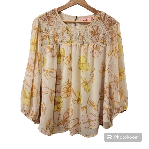 Evri Tan Yellow Floral Smocked 3/4 Sleeve Blouse 1X Flowy church work office - Picture 1 of 5